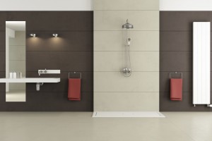 Minimalist bathroom with shower and washbasin - 3D Rendering